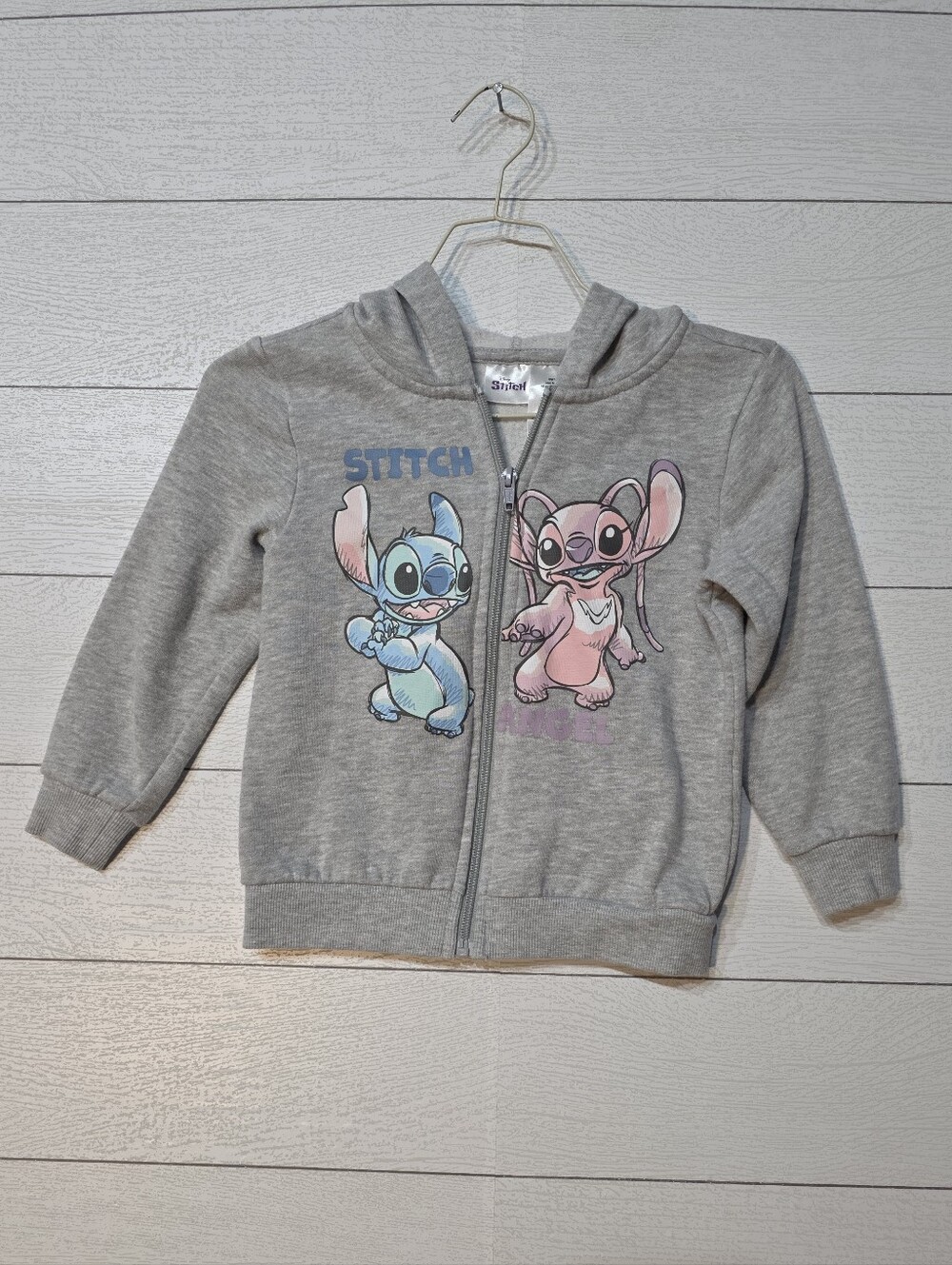 Disney Stitch & Angel Kids Hoodie Zip Up Heathered Gray Sweatshirt Jacket Size 5
